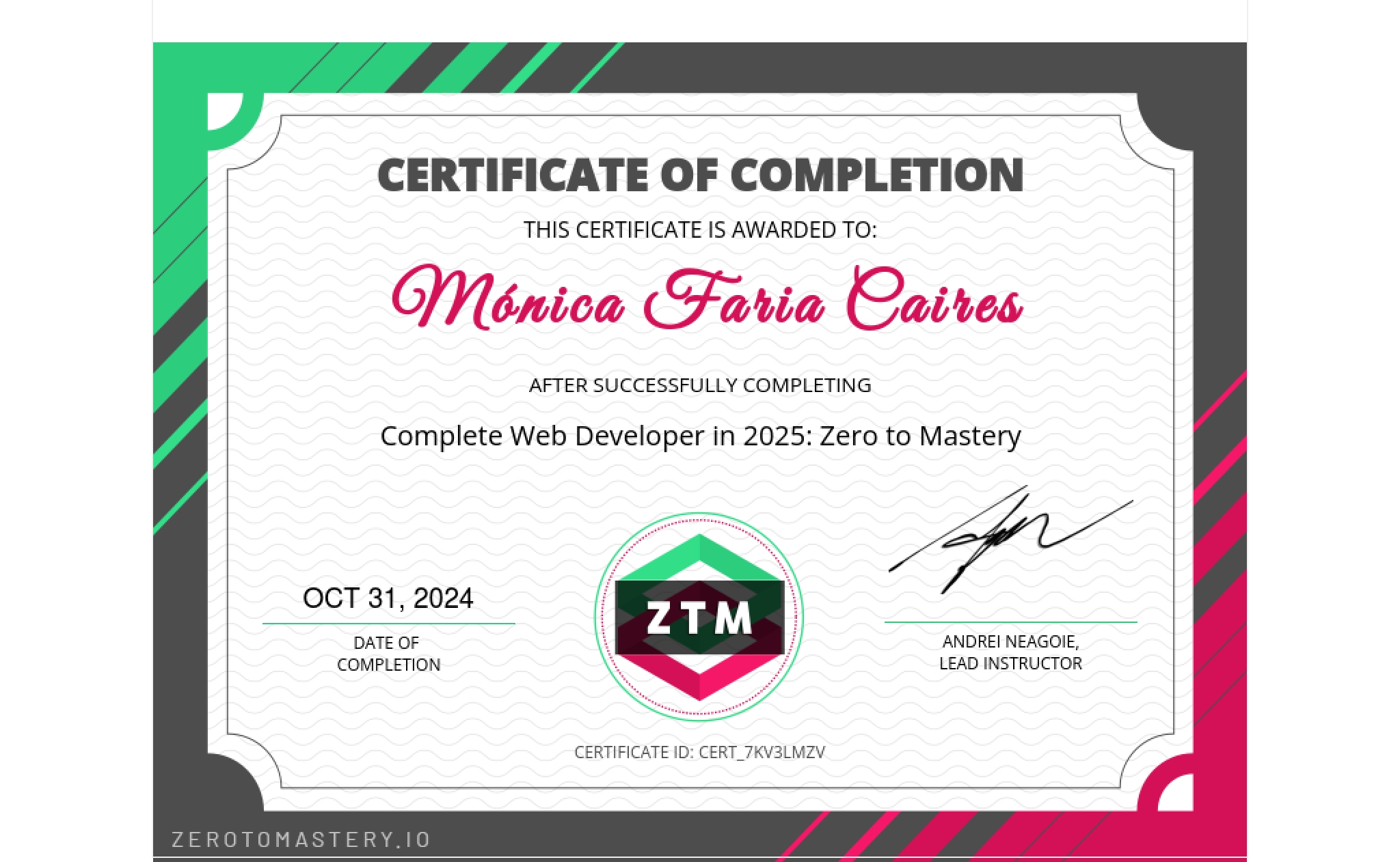 The Complete Web Developer in 2025 certificate